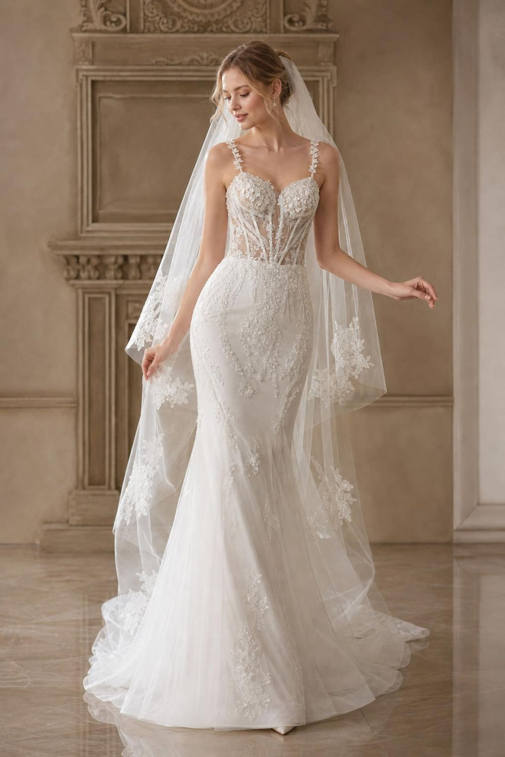 Romantic 3D Flower Lace Mermaid Wedding Gown, Sweetheart Corset Bodice Spaghetti Straps, Long Sheer Tulle Train Bridal Dress