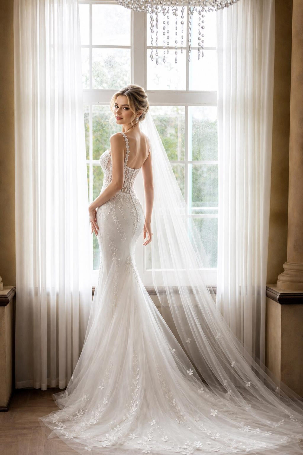 Romantic 3D Flower Lace Mermaid Wedding Gown, Sweetheart Corset Bodice Spaghetti Straps, Long Sheer Tulle Train Bridal Dress