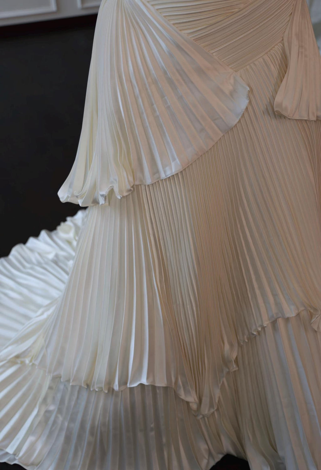 Strapless Draped Pleated Satin Wedding Dress, Tiered Pleat Skirt Bridal Gown, Minimalist Ivory Custom Wedding Dress