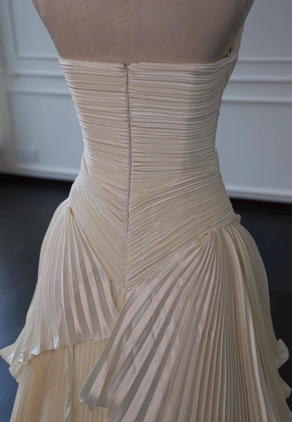 Strapless Draped Pleated Satin Wedding Dress, Tiered Pleat Skirt Bridal Gown, Minimalist Ivory Custom Wedding Dress