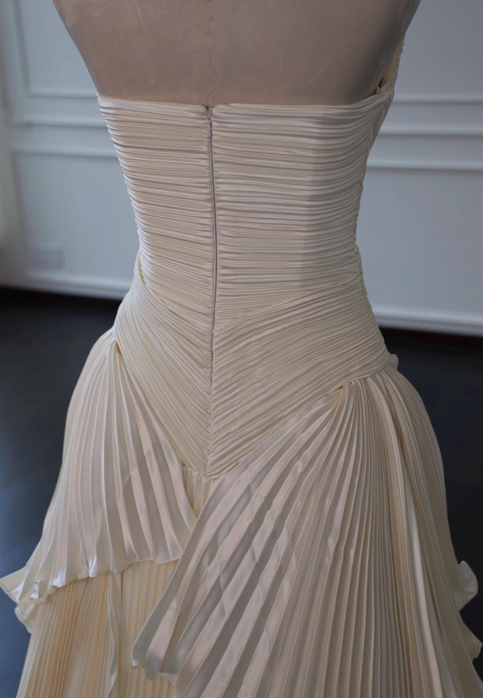 Strapless Draped Pleated Satin Wedding Dress, Tiered Pleat Skirt Bridal Gown, Minimalist Ivory Custom Wedding Dress