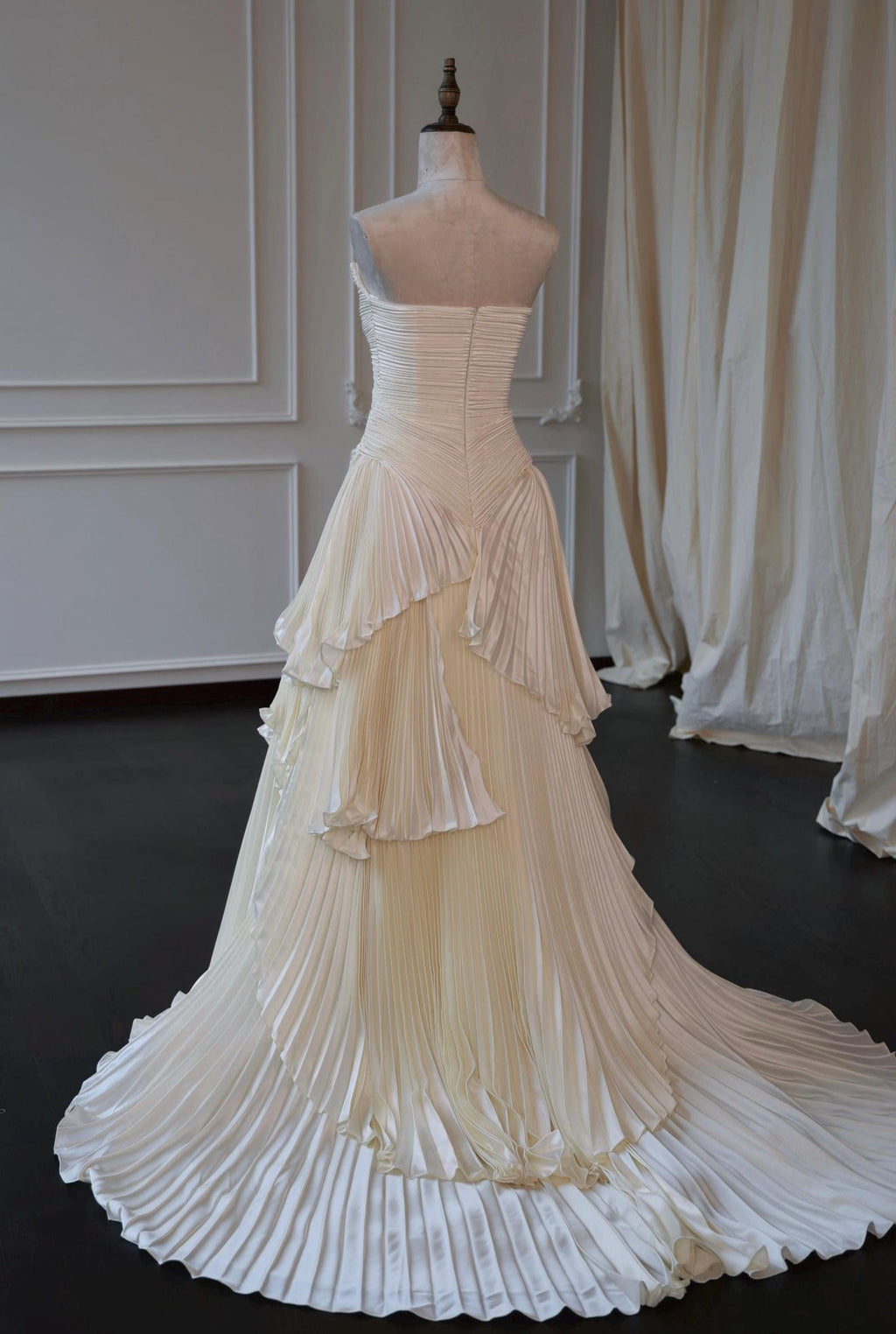Strapless Draped Pleated Satin Wedding Dress, Tiered Pleat Skirt Bridal Gown, Minimalist Ivory Custom Wedding Dress