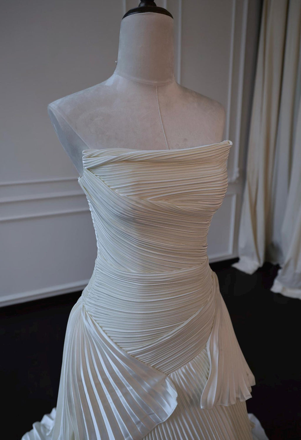 Strapless Draped Pleated Satin Wedding Dress, Tiered Pleat Skirt Bridal Gown, Minimalist Ivory Custom Wedding Dress