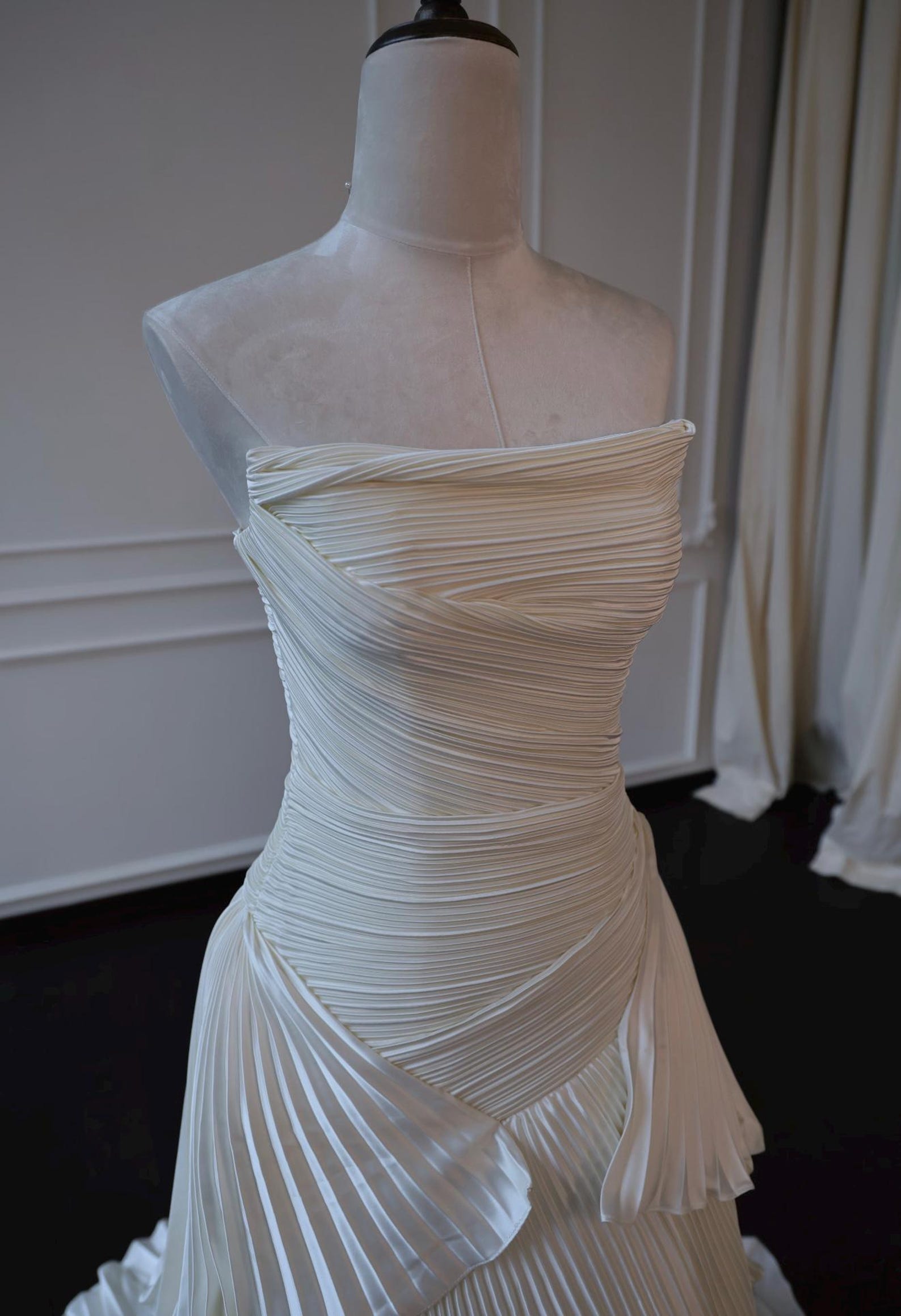 Strapless Draped Pleated Satin Wedding Dress, Tiered Pleat Skirt Bridal Gown, Minimalist Ivory Custom Wedding Dress