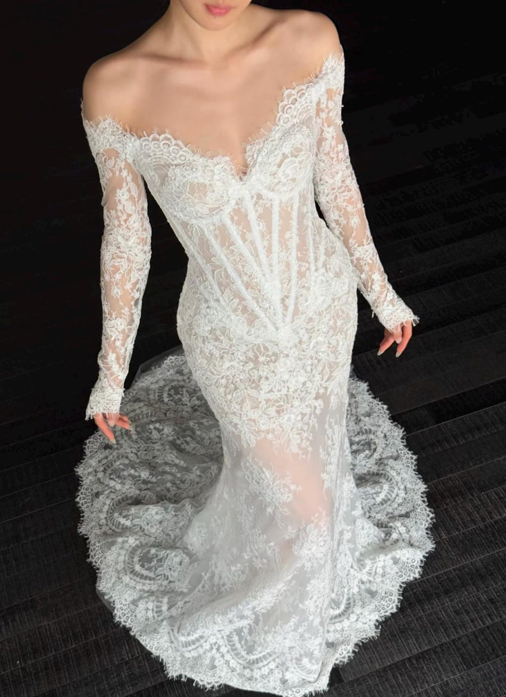 Vintage Floral Lace Bridal Gown, Off Shoulder Long Sleeve Corset Mermaid Dress, 2 in 1 Detachable Overskirt Wedding Dress