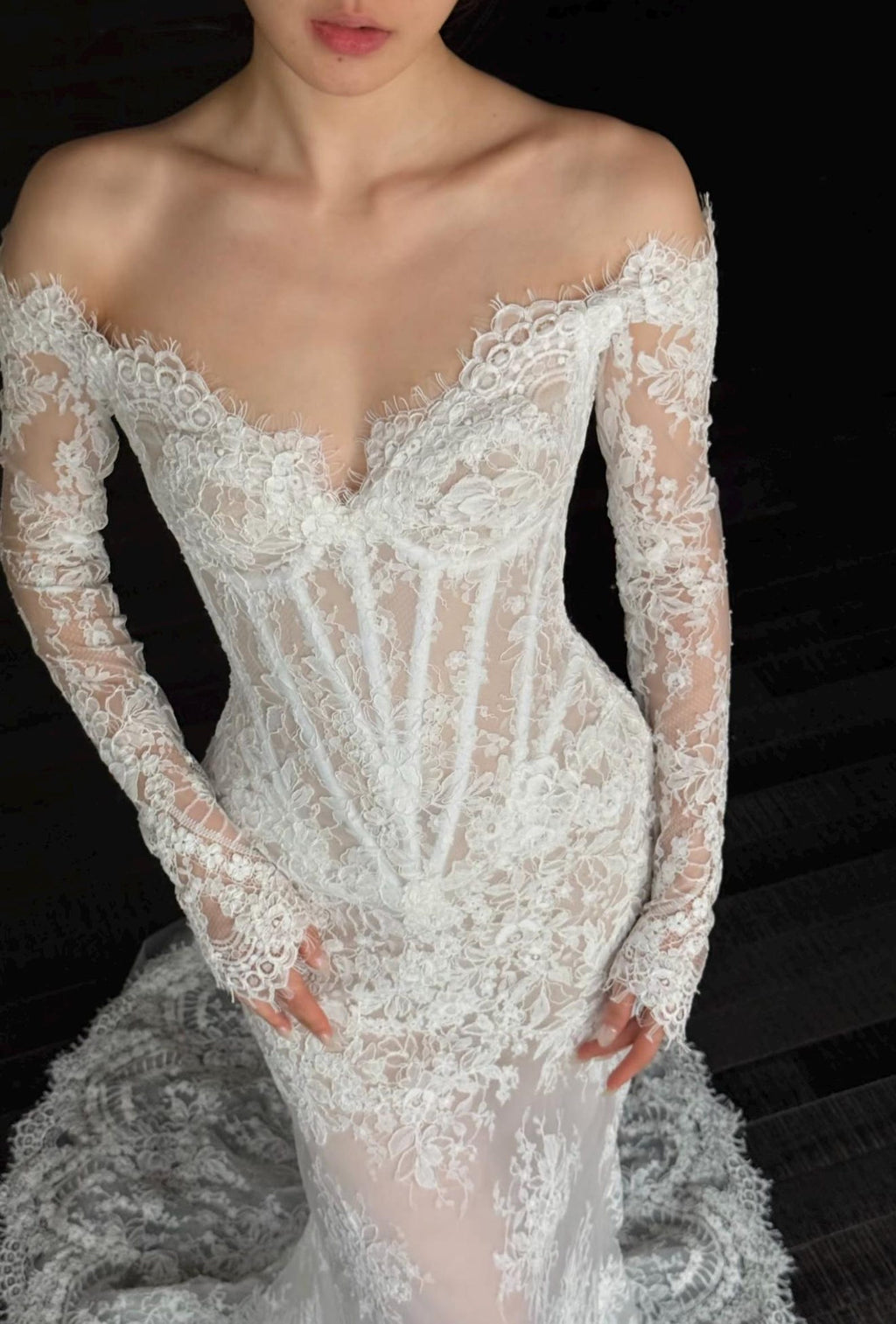 Vintage Floral Lace Bridal Gown, Off Shoulder Long Sleeve Corset Mermaid Dress, 2 in 1 Detachable Overskirt Wedding Dress