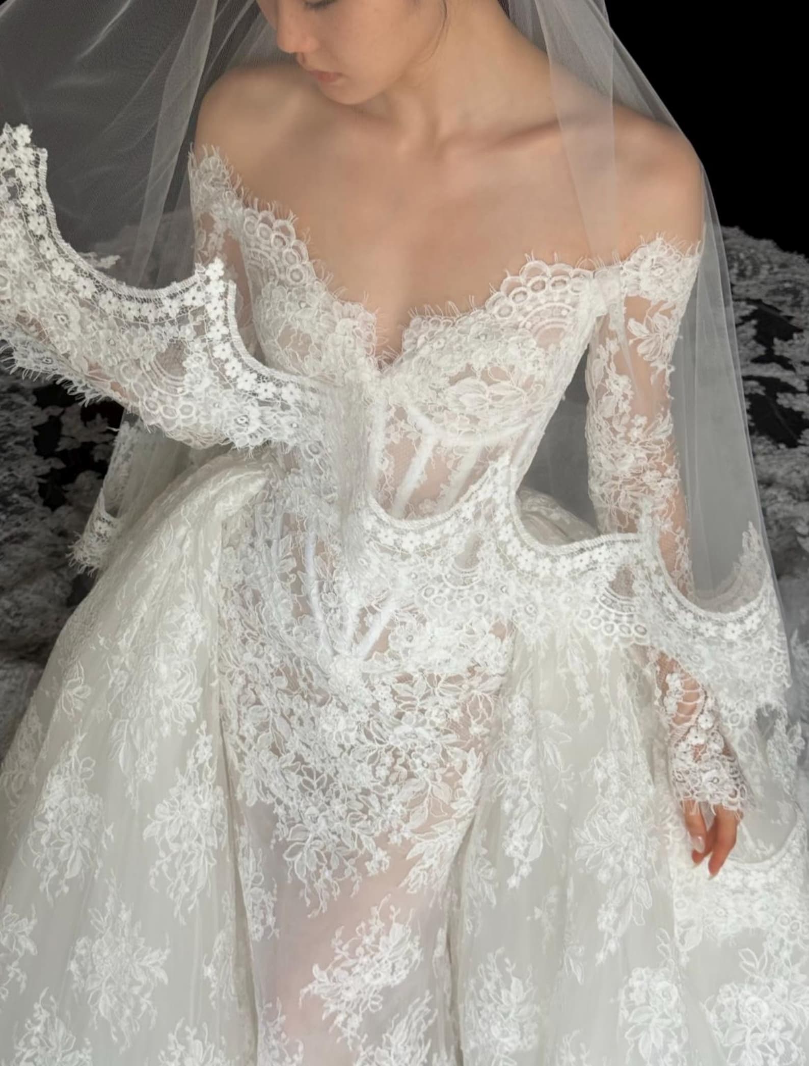 Vintage Floral Lace Bridal Gown, Off Shoulder Long Sleeve Corset Mermaid Dress, 2 in 1 Detachable Overskirt Wedding Dress