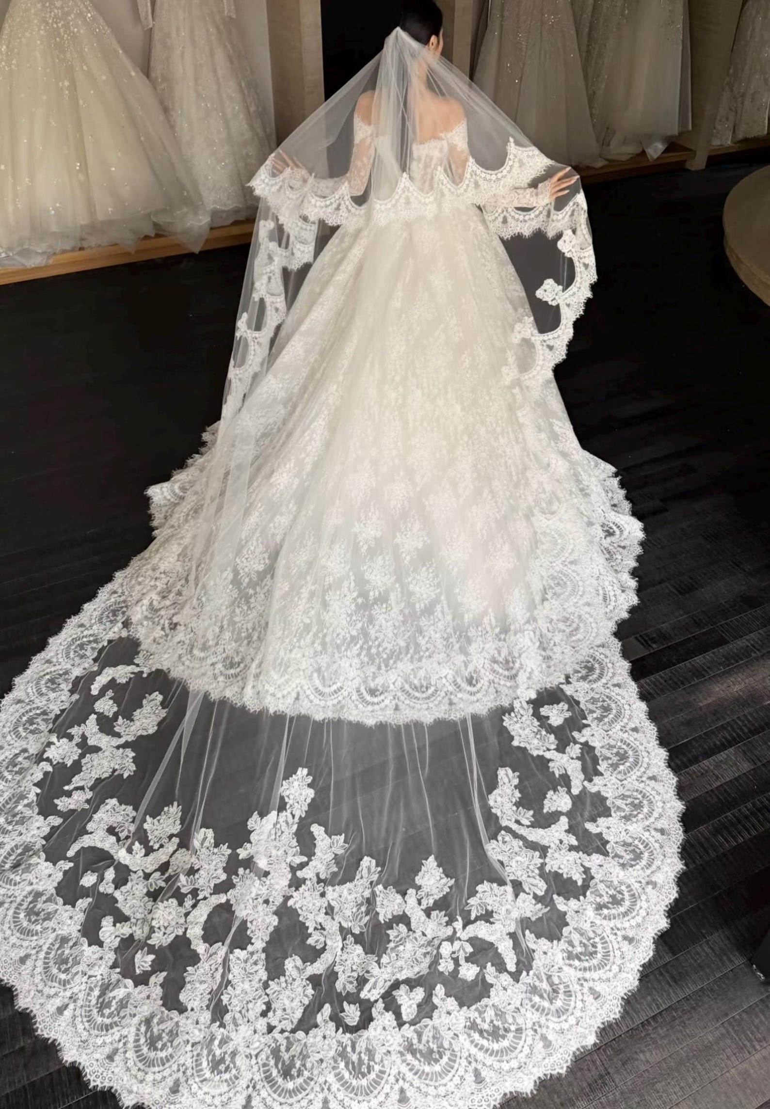 Vintage Floral Lace Bridal Gown, Off Shoulder Long Sleeve Corset Mermaid Dress, 2 in 1 Detachable Overskirt Wedding Dress