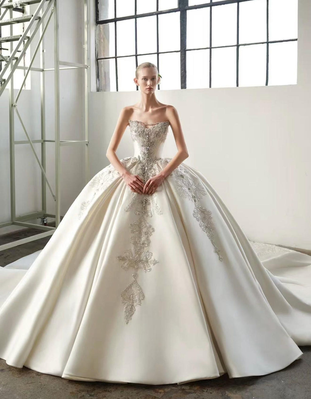 Strapless Beaded Satin Ballgown Wedding Dress, Sparkling Crystal Appliqué Bridal Gown, Custom Ivory Luxury Wedding Dress