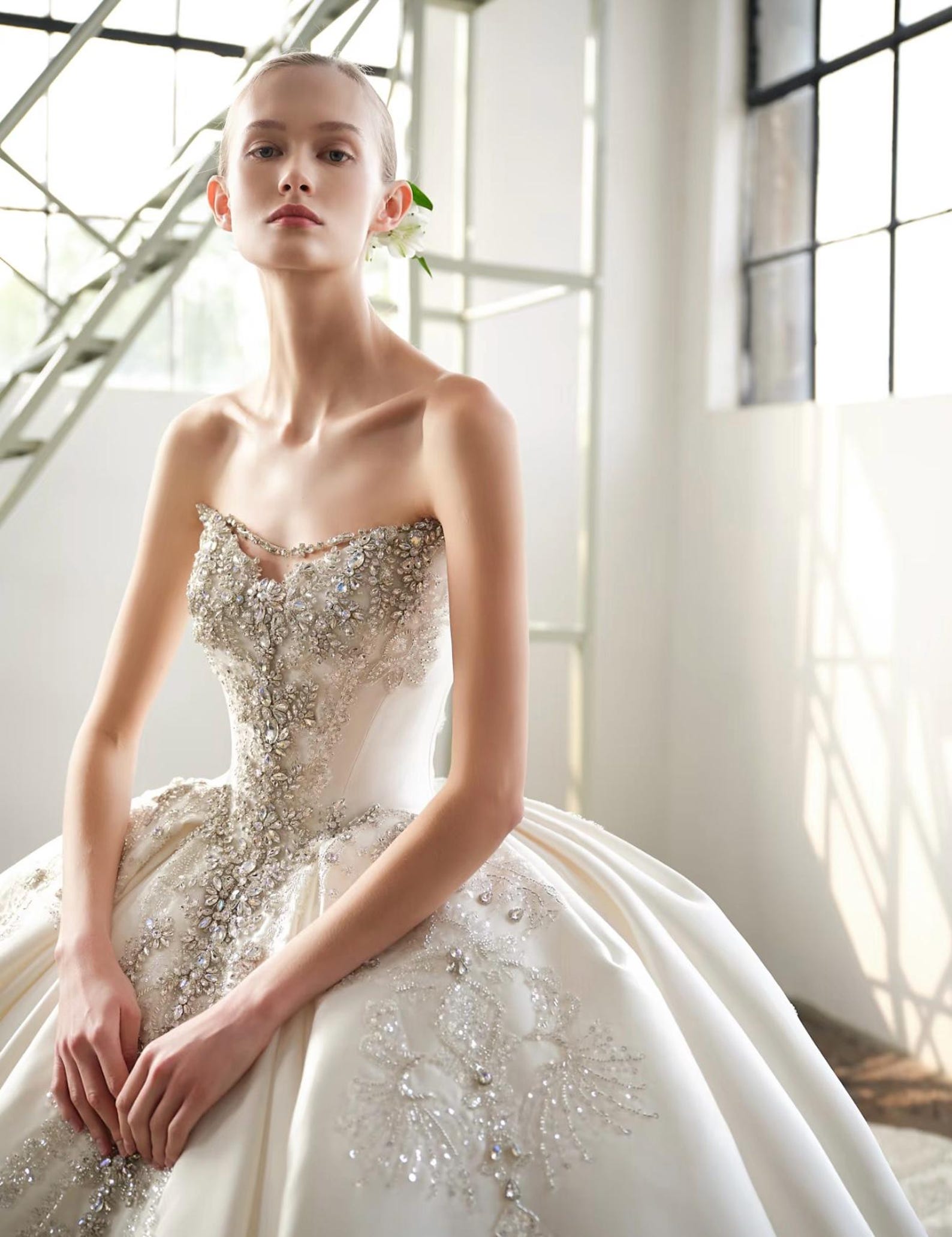 Strapless Beaded Satin Ballgown Wedding Dress, Sparkling Crystal Appliqué Bridal Gown, Custom Ivory Luxury Wedding Dress