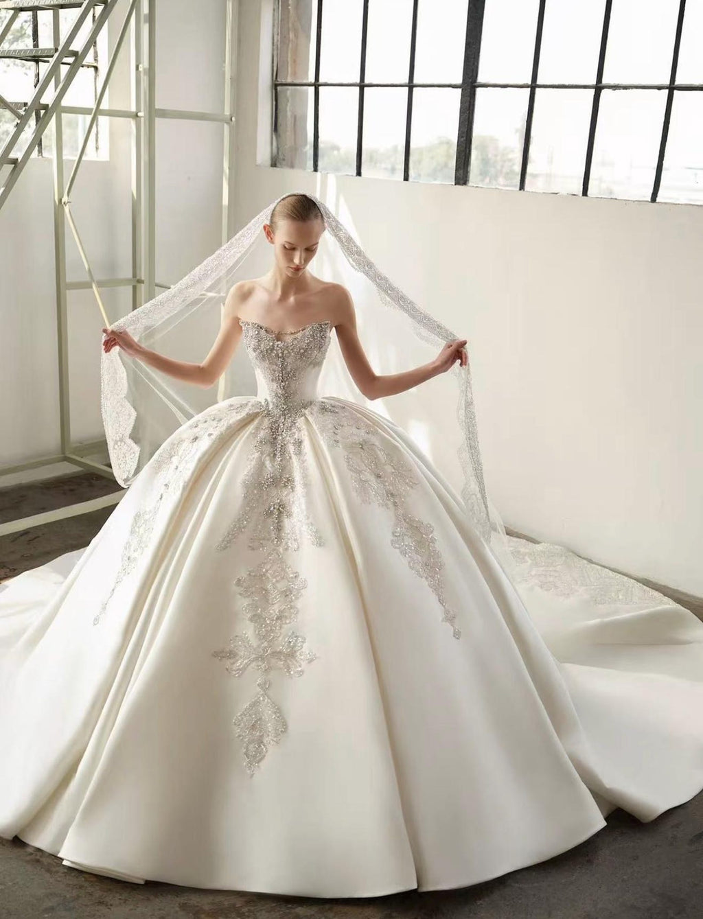 Strapless Beaded Satin Ballgown Wedding Dress, Sparkling Crystal Appliqué Bridal Gown, Custom Ivory Luxury Wedding Dress