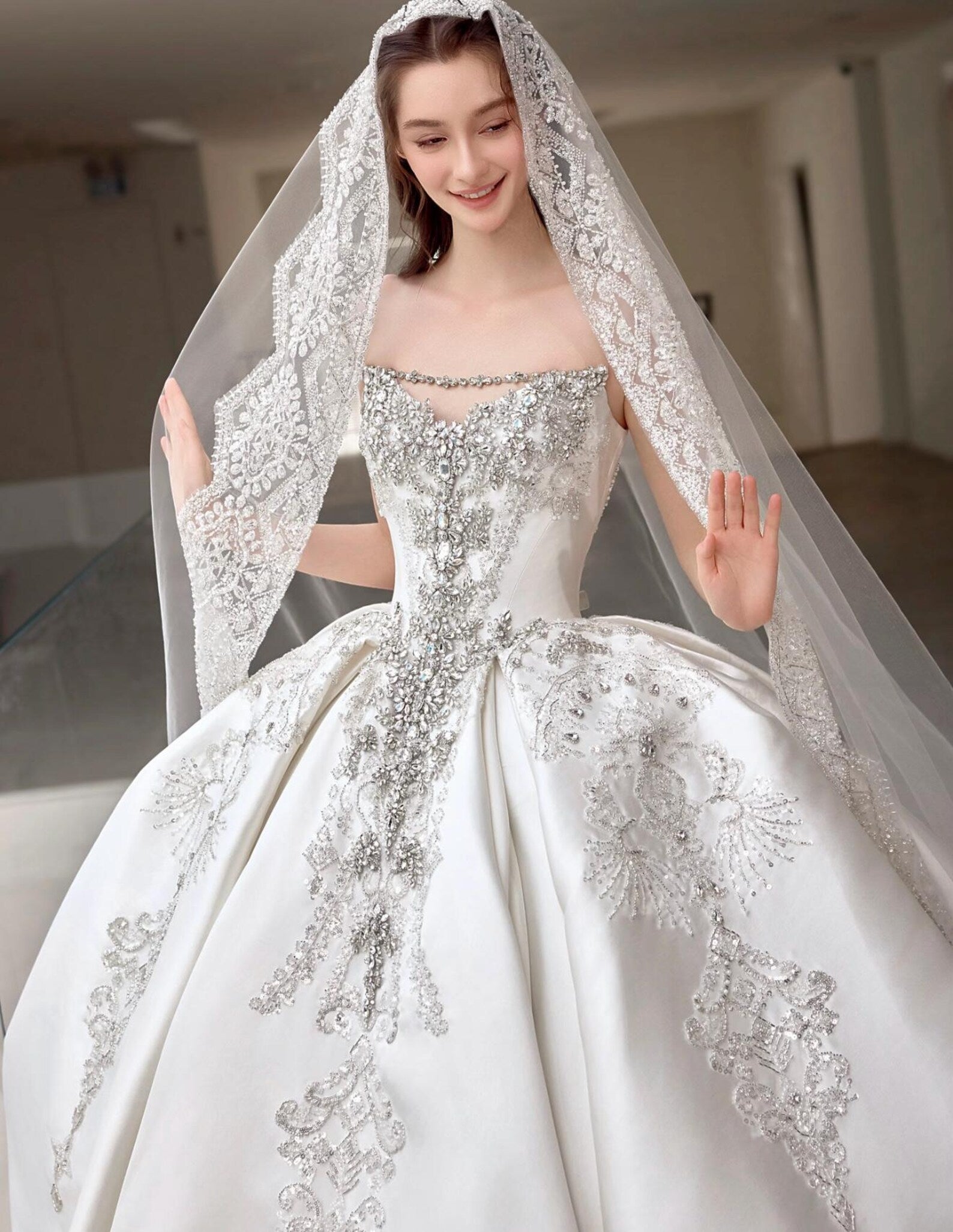 Strapless Beaded Satin Ballgown Wedding Dress, Sparkling Crystal Appliqué Bridal Gown, Custom Ivory Luxury Wedding Dress