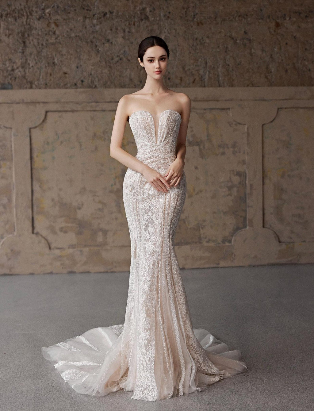 3 in 1 Lace Mermaid Wedding Dress, Detachable Cap Sleeves Bridal Gown, Strapless Fit And Flare Wedding Gown With Overskirt