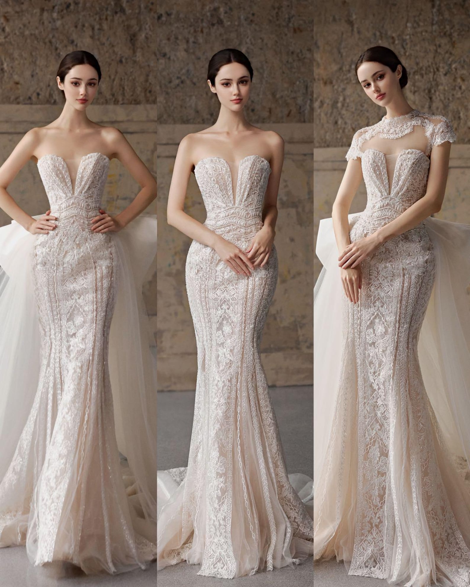3 in 1 Lace Mermaid Wedding Dress, Detachable Cap Sleeves Bridal Gown, Strapless Fit And Flare Wedding Gown With Overskirt