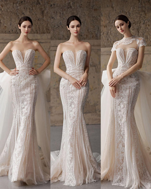 3 in 1 Lace Mermaid Wedding Dress, Detachable Cap Sleeves Bridal Gown, Strapless Fit And Flare Wedding Gown With Overskirt