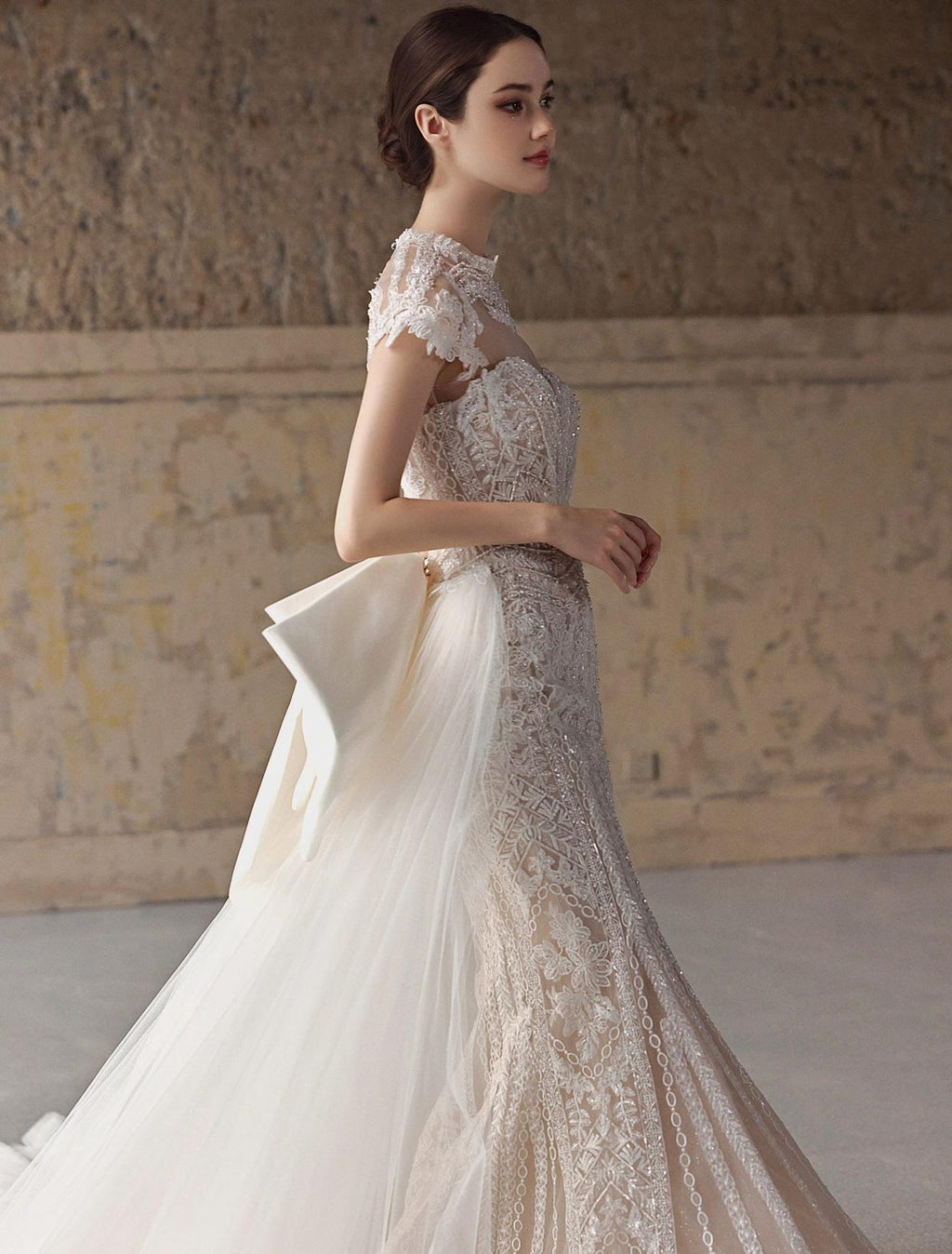 3 in 1 Lace Mermaid Wedding Dress, Detachable Cap Sleeves Bridal Gown, Strapless Fit And Flare Wedding Gown With Overskirt