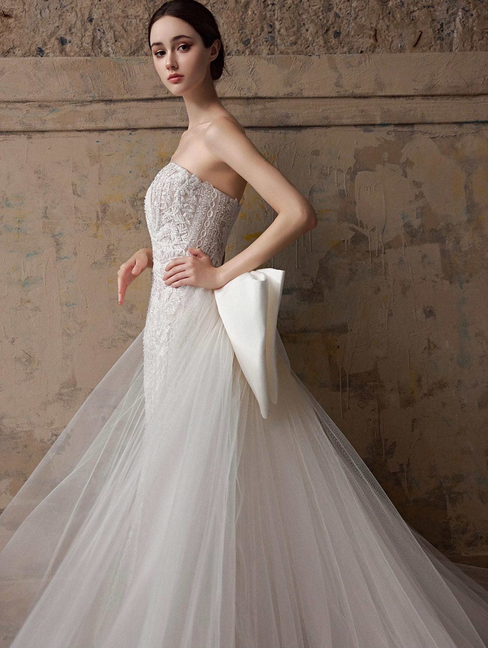 3 in 1 Lace Mermaid Wedding Dress, Detachable Cap Sleeves Bridal Gown, Strapless Fit And Flare Wedding Gown With Overskirt