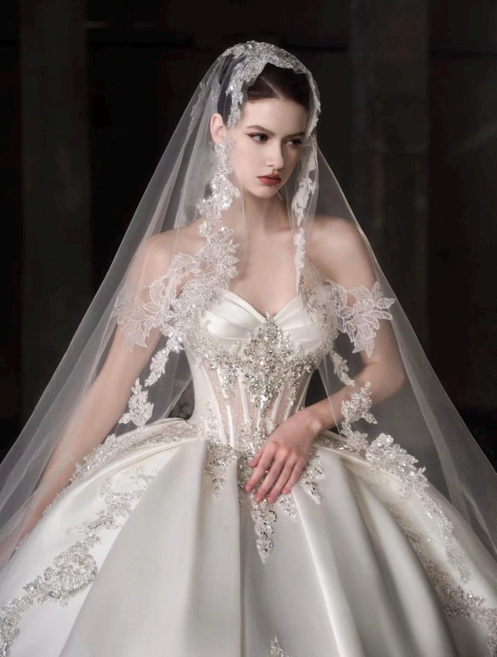 Luxury Royal Satin Wedding Ballgown, Strapless Sweetheart Bridal Dress With Removable Long Sleeves, Baroque Beaded Wedding Gown