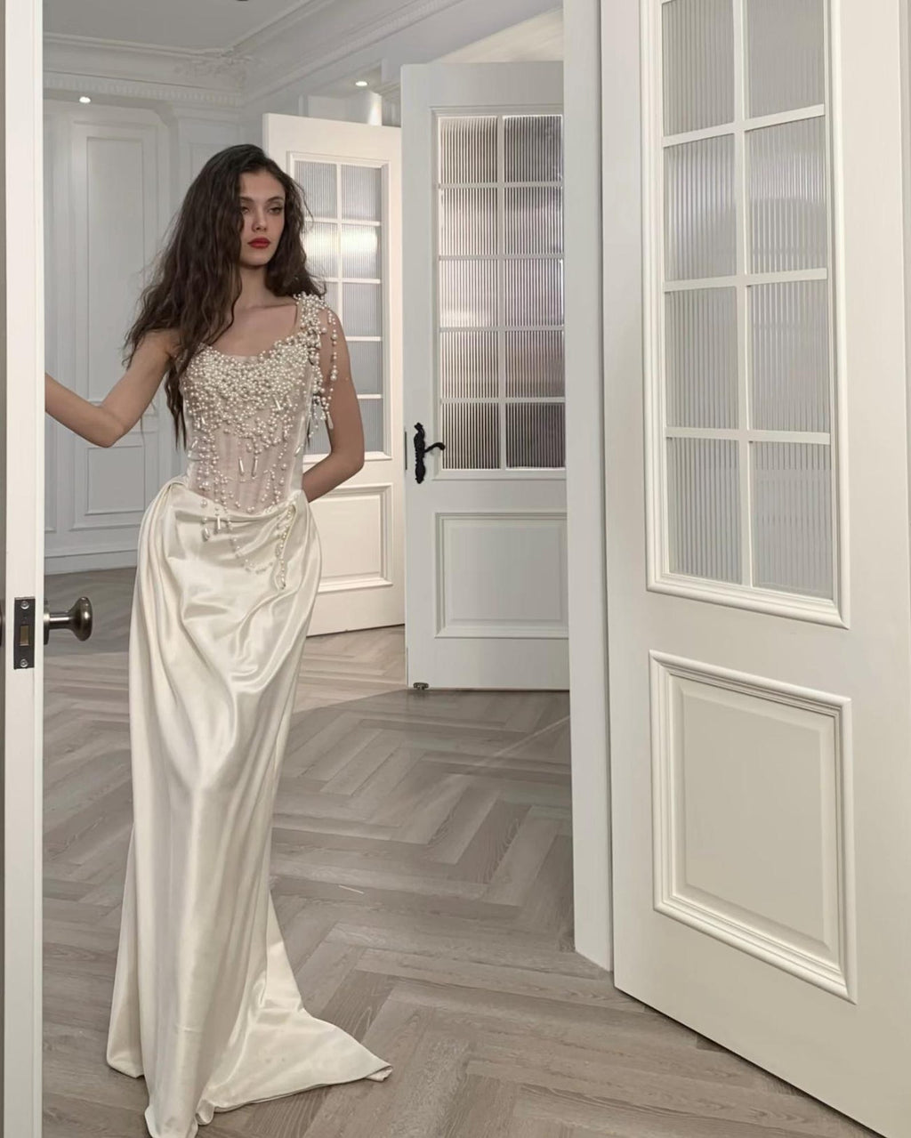 Asymmetrical Pearl Bridal Gown, Draped Satin Wedding Dress, One Shoulder Beaded Tassel Wedding Gown
