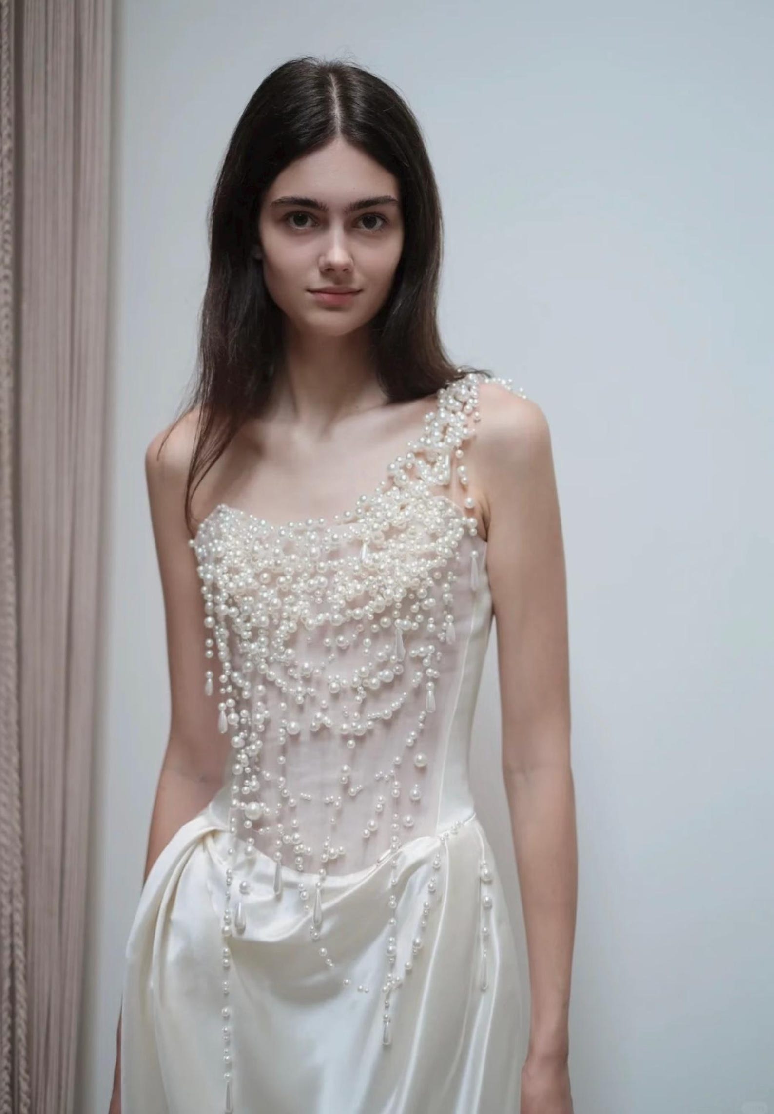 Asymmetrical Pearl Bridal Gown, Draped Satin Wedding Dress, One Shoulder Beaded Tassel Wedding Gown