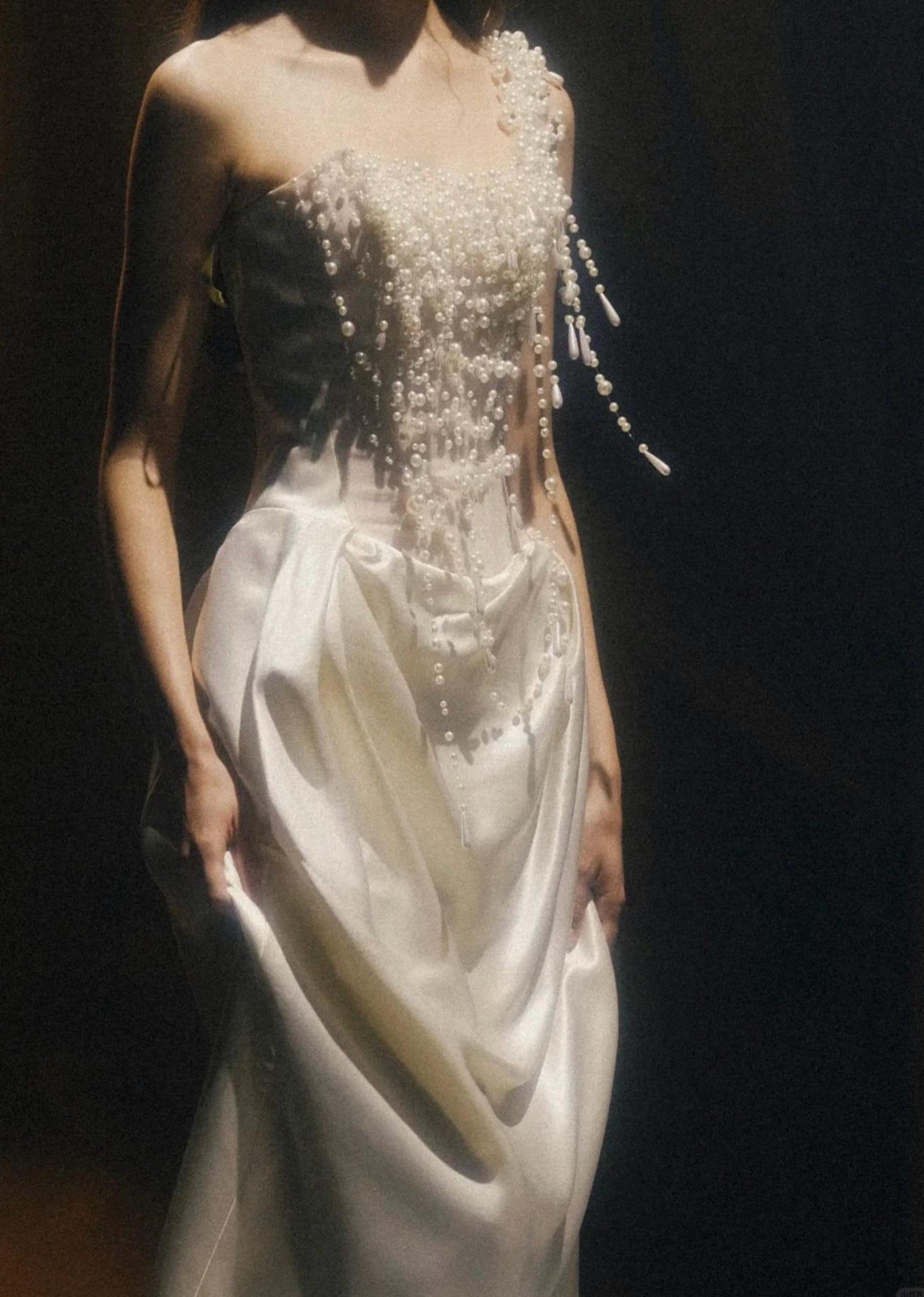 Asymmetrical Pearl Bridal Gown, Draped Satin Wedding Dress, One Shoulder Beaded Tassel Wedding Gown