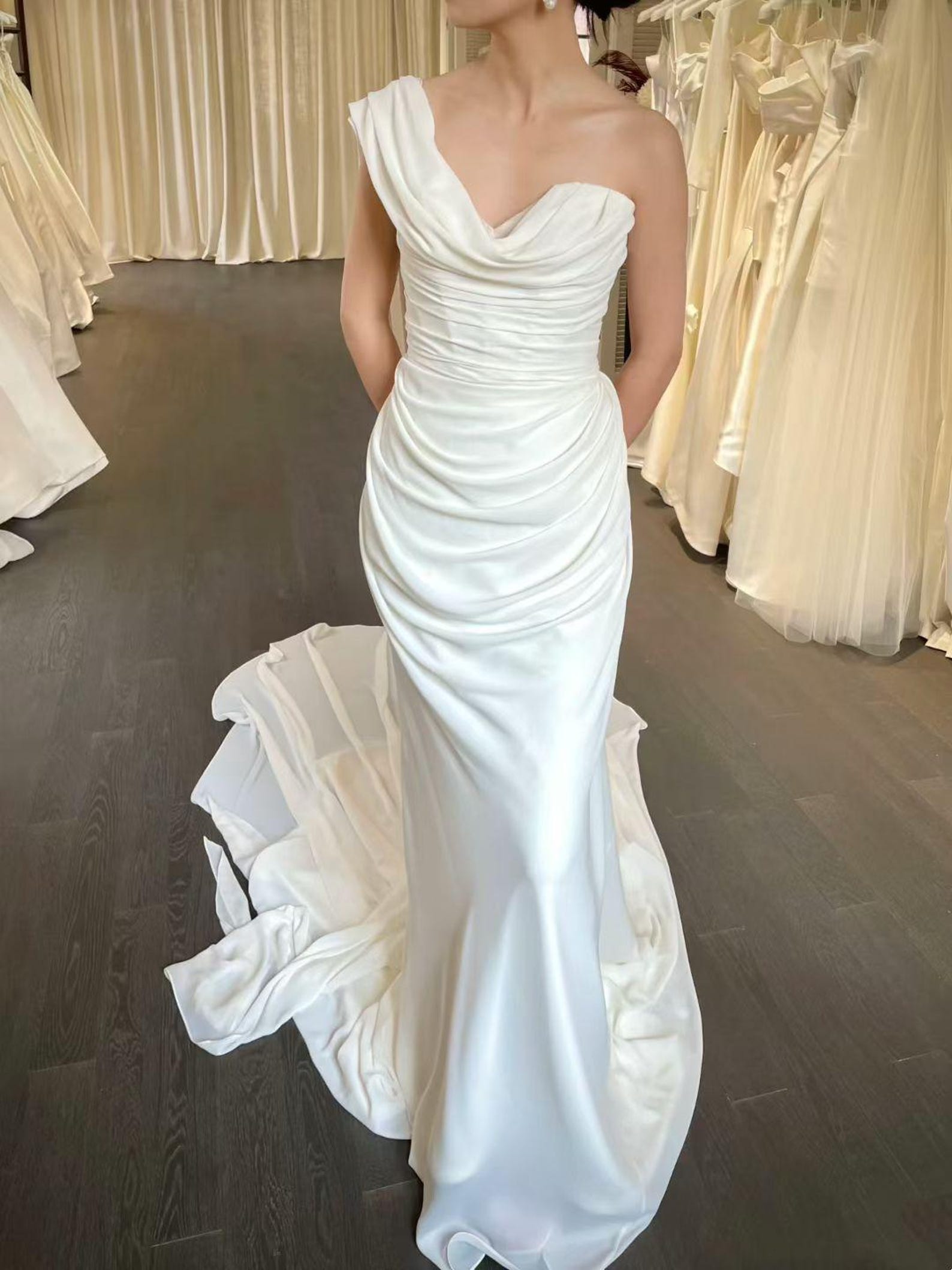 Draped Satin Mermaid Wedding Dress, Asymmetrical One Shoulder Bridal Gown With Flowing Cape Train