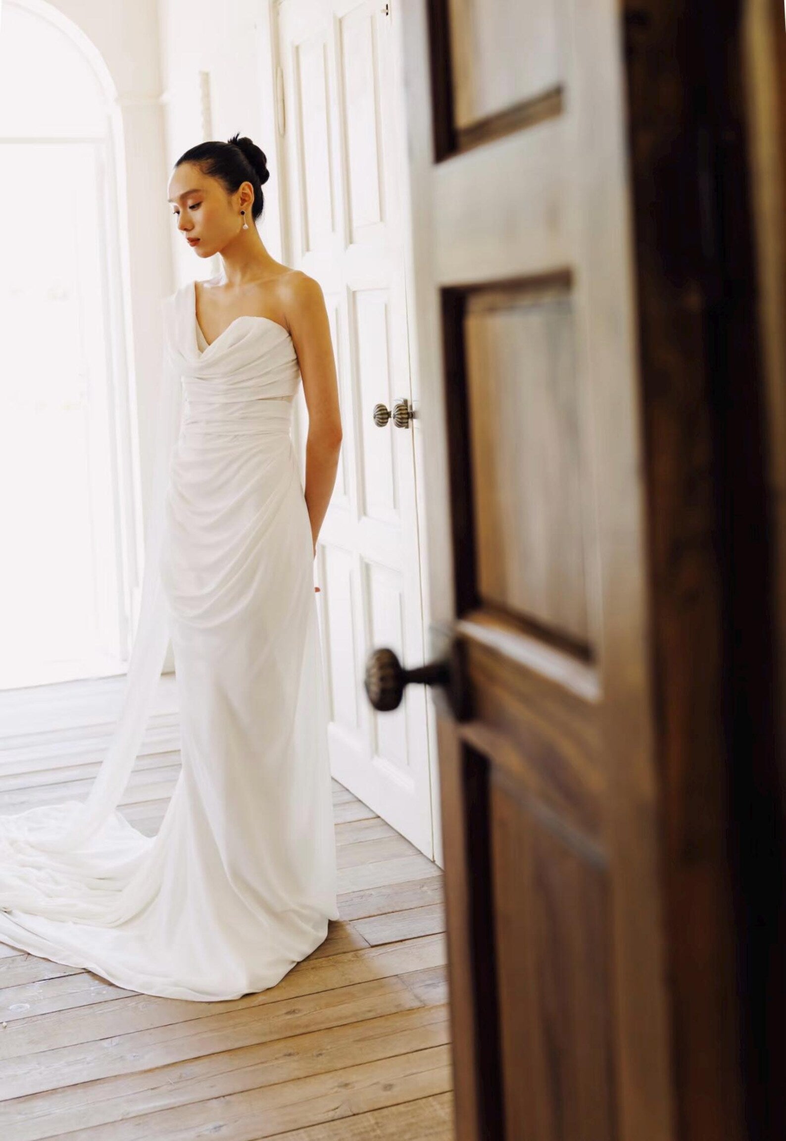 Draped Satin Mermaid Wedding Dress, Asymmetrical One Shoulder Bridal Gown With Flowing Cape Train