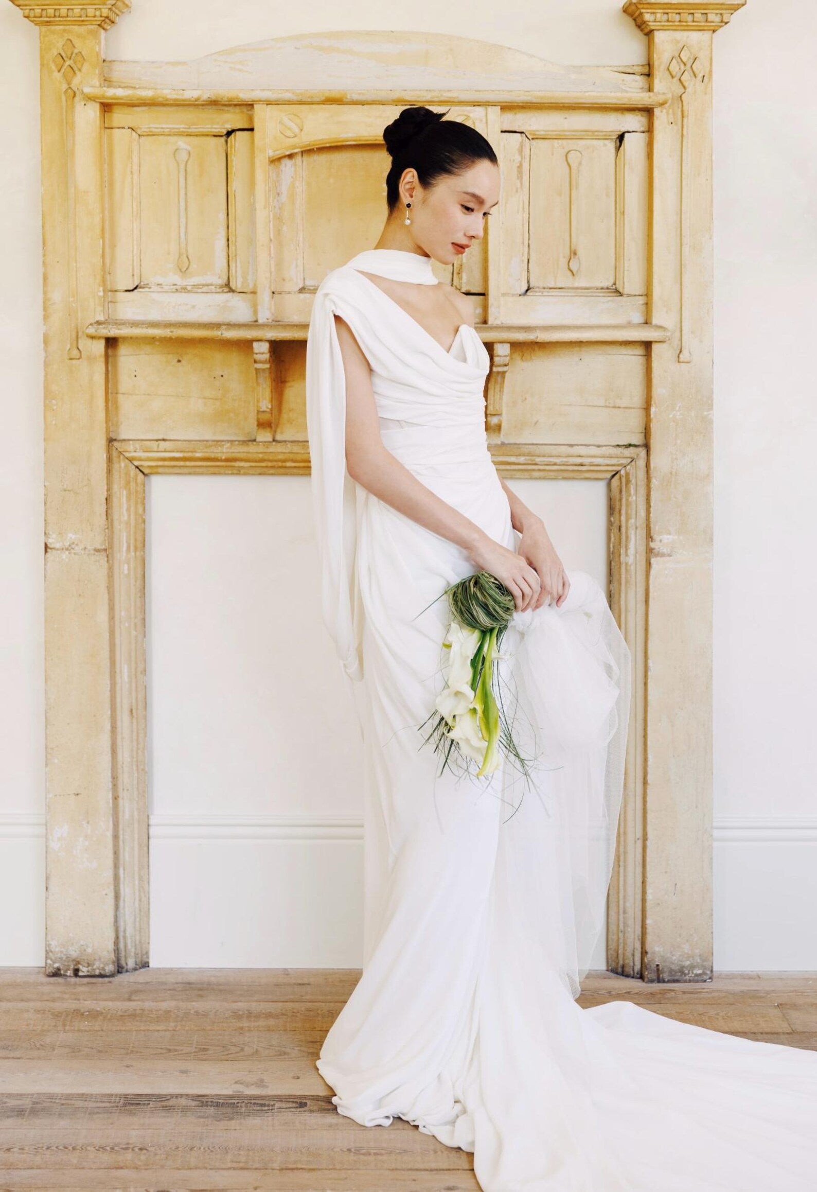 Draped Satin Mermaid Wedding Dress, Asymmetrical One Shoulder Bridal Gown With Flowing Cape Train