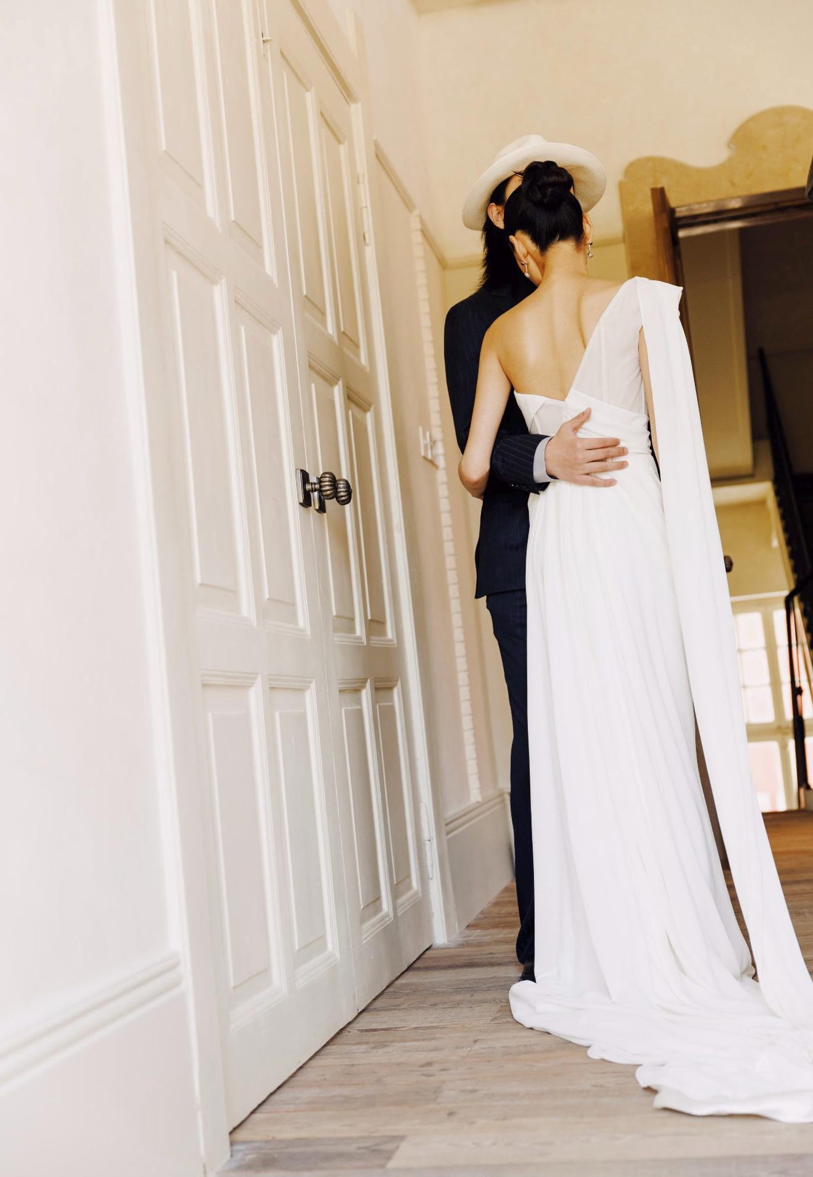 Draped Satin Mermaid Wedding Dress, Asymmetrical One Shoulder Bridal Gown With Flowing Cape Train