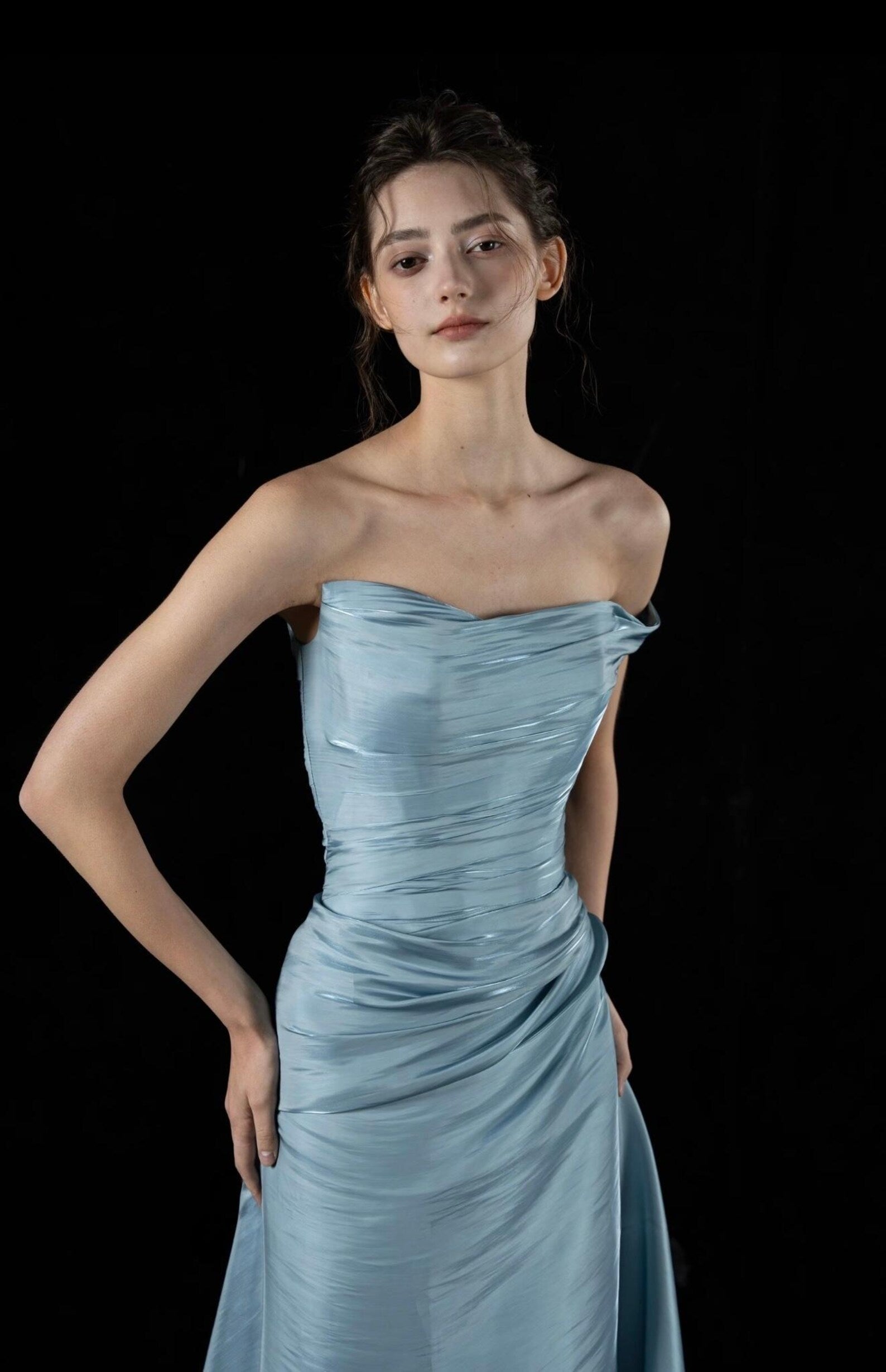 Light Blue Ruched Satin Evening Gown, Asymmetrical Off Shoulder Formal Dress, Draped Long Train Prom Gown