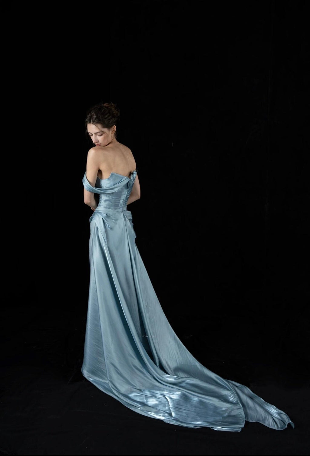Light Blue Ruched Satin Evening Gown, Asymmetrical Off Shoulder Formal Dress, Draped Long Train Prom Gown