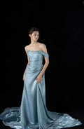 Light Blue Ruched Satin Evening Gown, Asymmetrical Off Shoulder Formal Dress, Draped Long Train Prom Gown