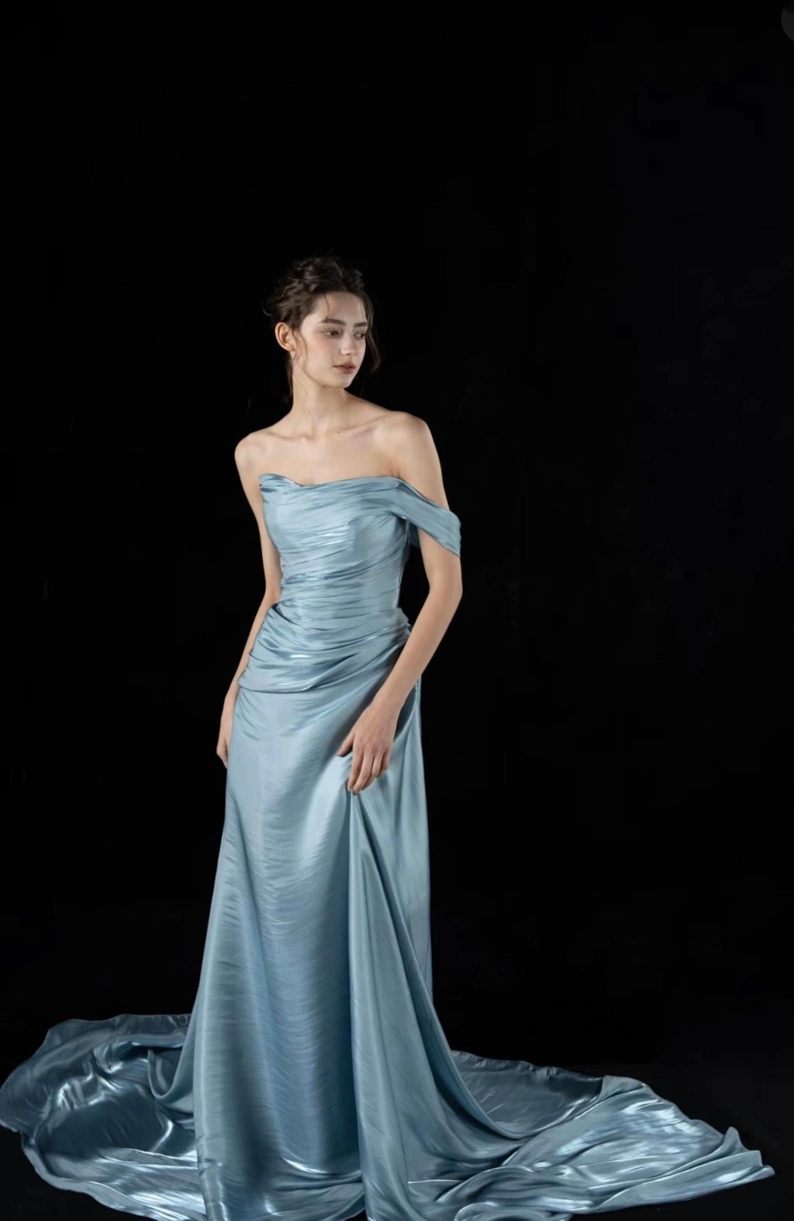 Light Blue Ruched Satin Evening Gown, Asymmetrical Off Shoulder Formal Dress, Draped Long Train Prom Gown