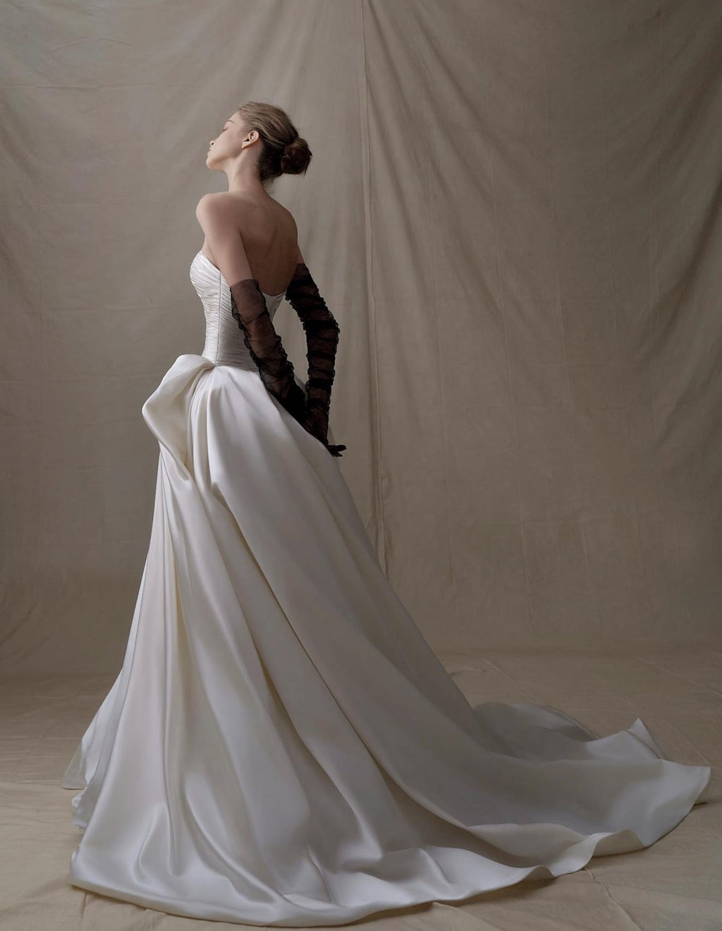 Strapless Ruched Satin Ball Gown Wedding Dress, Waist Big Bow Bridal Gown, Luxury Cathedral Train Minimalist Wedding Gown, Custom Bridal