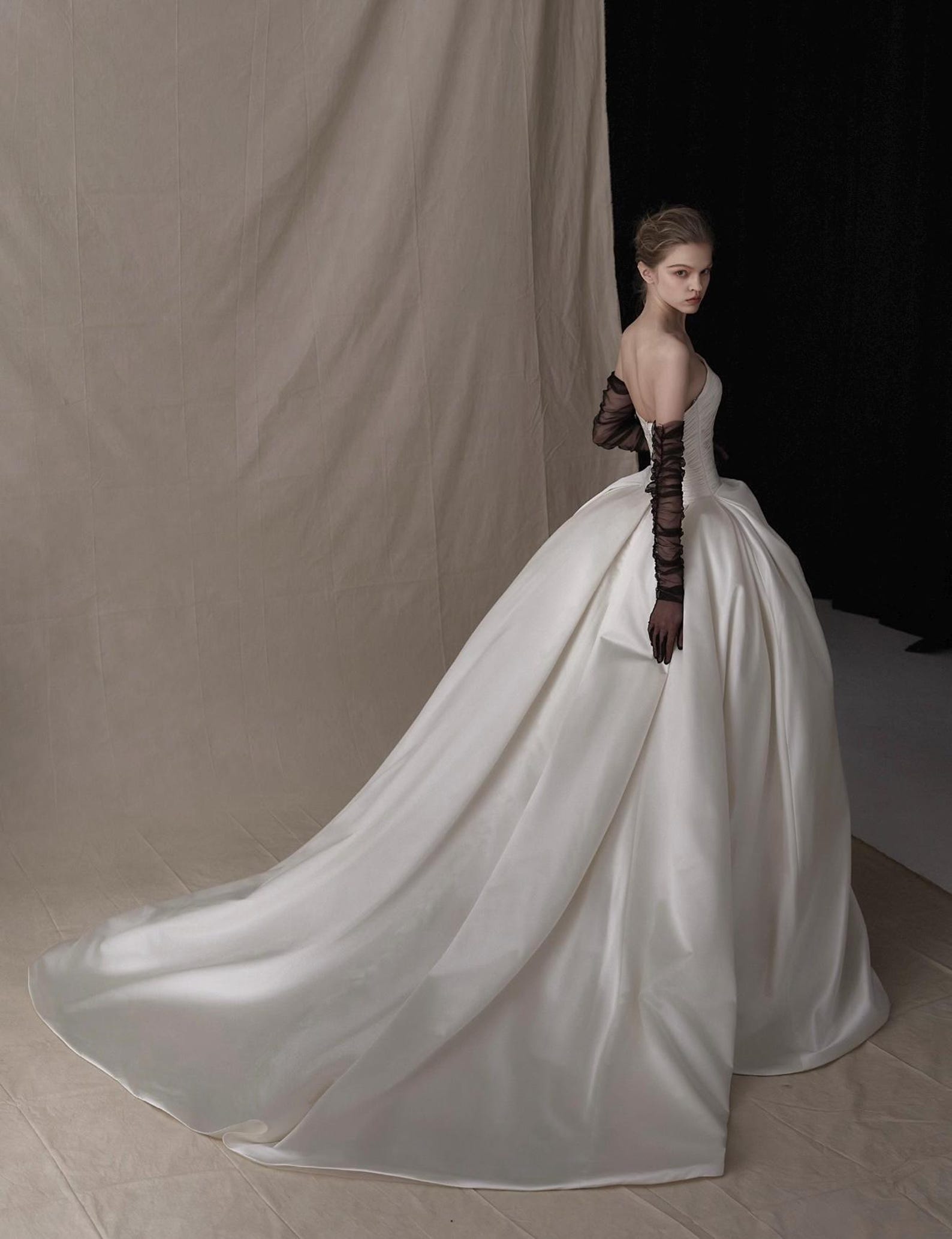 Strapless Ruched Satin Ball Gown Wedding Dress, Waist Big Bow Bridal Gown, Luxury Cathedral Train Minimalist Wedding Gown, Custom Bridal