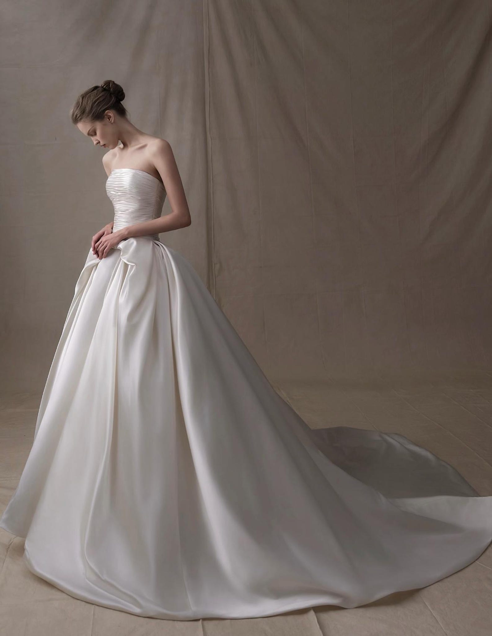 Strapless Ruched Satin Ball Gown Wedding Dress, Waist Big Bow Bridal Gown, Luxury Cathedral Train Minimalist Wedding Gown, Custom Bridal