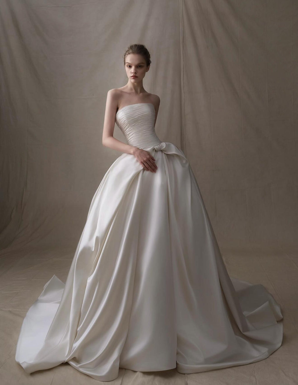 Strapless Ruched Satin Ball Gown Wedding Dress, Waist Big Bow Bridal Gown, Luxury Cathedral Train Minimalist Wedding Gown, Custom Bridal