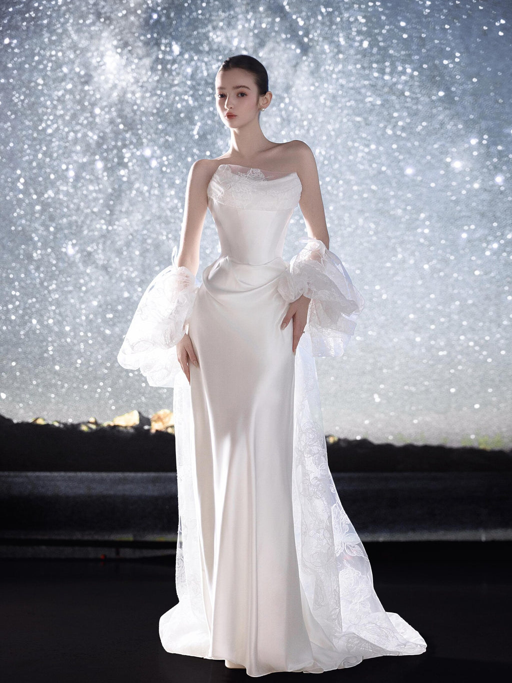 Strapless Satin Mermaid Wedding Dress With Pearl Trim, Draped Long Train Bridal Gown, Minimalist Classic Wedding Gown