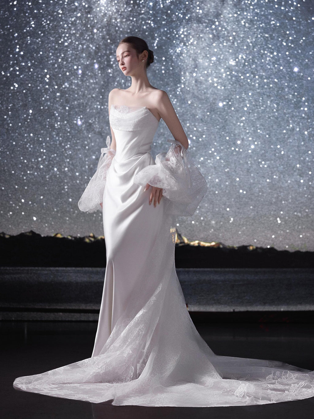 Strapless Satin Mermaid Wedding Dress With Pearl Trim, Draped Long Train Bridal Gown, Minimalist Classic Wedding Gown