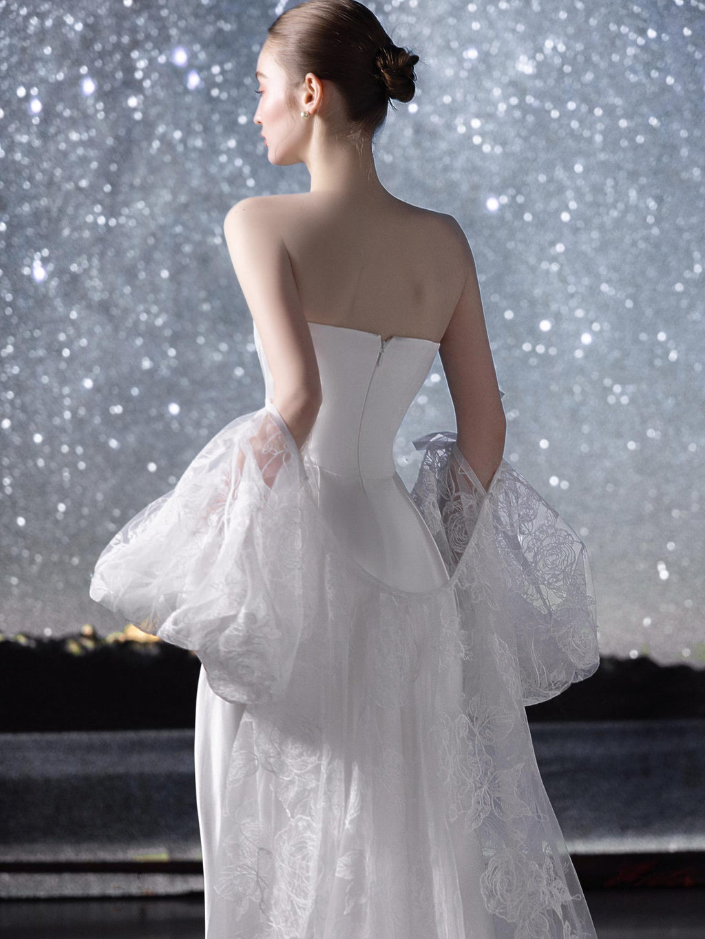 Strapless Satin Mermaid Wedding Dress With Pearl Trim, Draped Long Train Bridal Gown, Minimalist Classic Wedding Gown