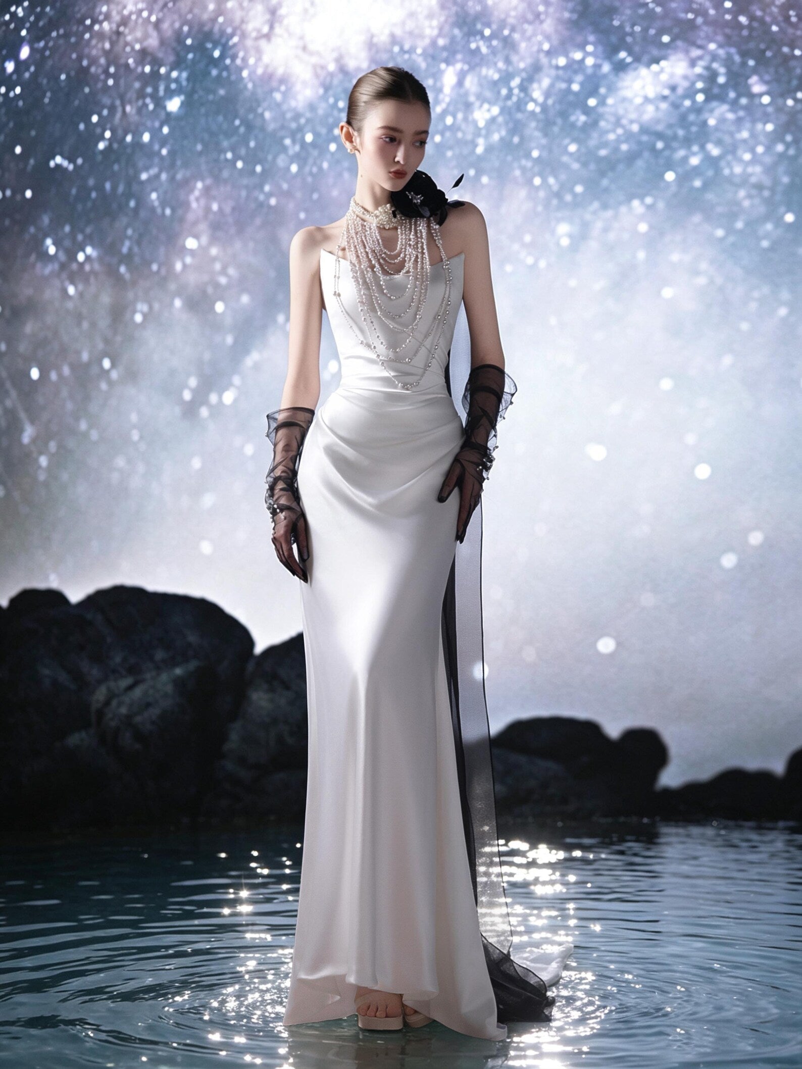 Spaghetti Strap Satin Mermaid Wedding Dress, Draped Fitted Bridal Gown, Black Tulle Accent Train Elegant Evening Wedding Gown Custom