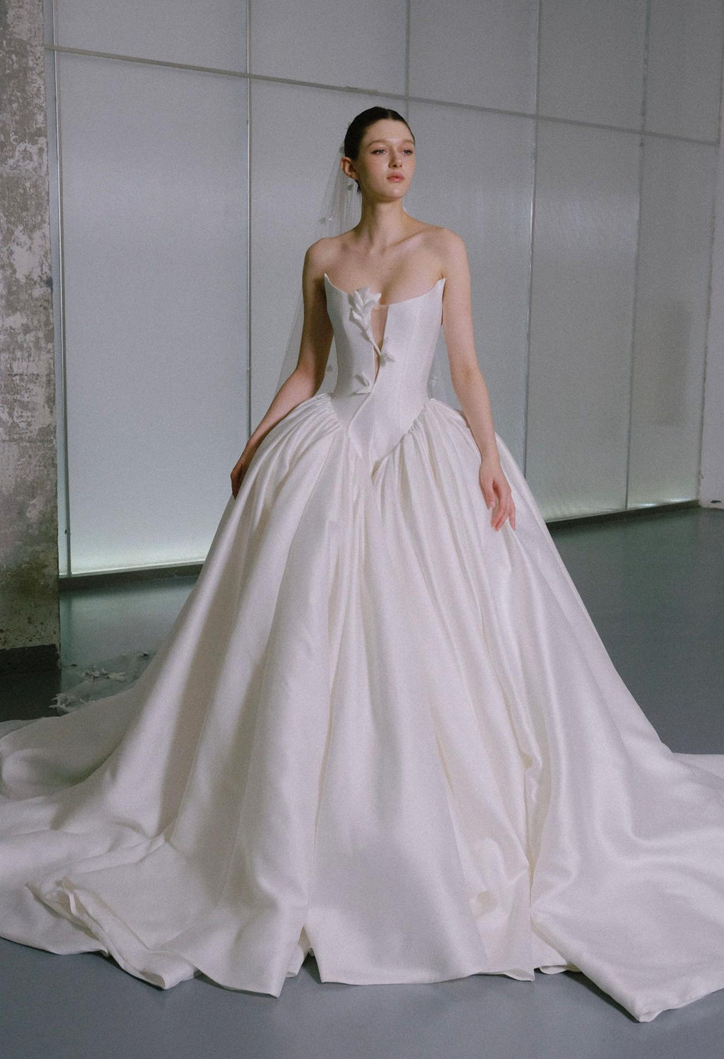 Luxury Satin Strapless Ballgown Wedding Dress,3D Floral Detail,Plunge Sweetheart Neck,Long Cathedral Train Bridal Gown