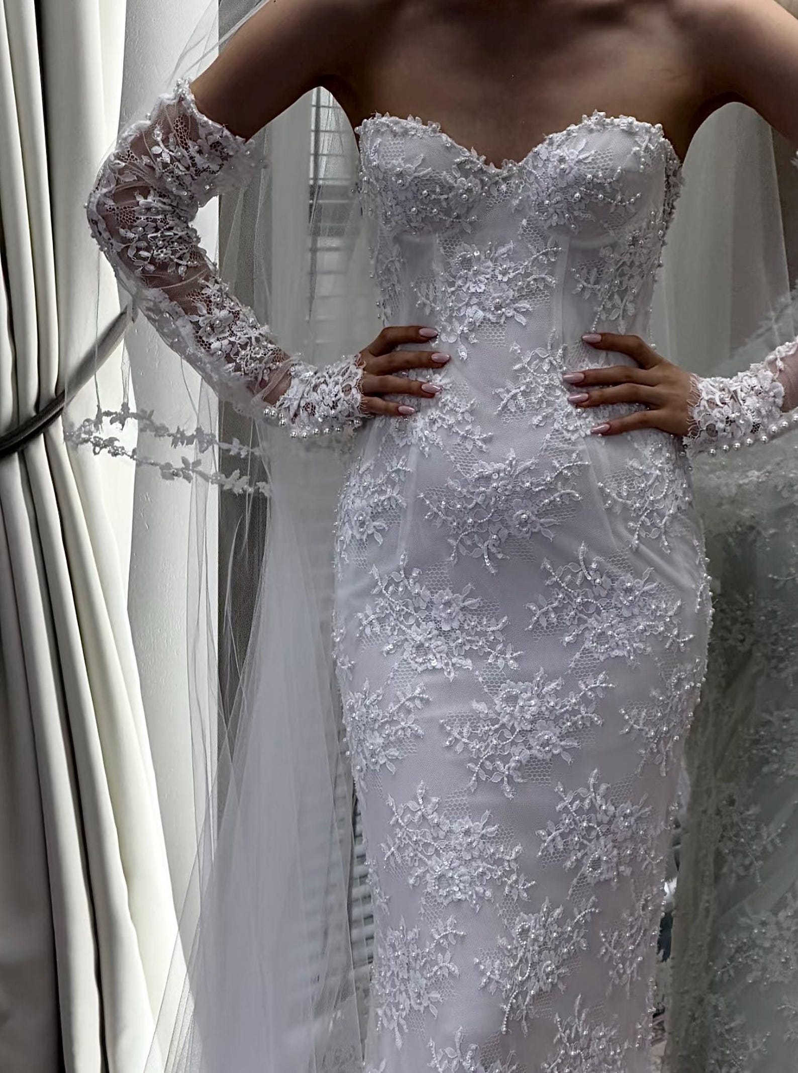 Strapless Sweetheart Lace Mermaid Wedding Dress, 3D Floral Lace Bridal Gown, Detachable Lace Gloves, Chapel Train Custom Wedding Gown