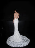Strapless Sweetheart Lace Mermaid Wedding Dress, 3D Floral Lace Bridal Gown, Detachable Lace Gloves, Chapel Train Custom Wedding Gown