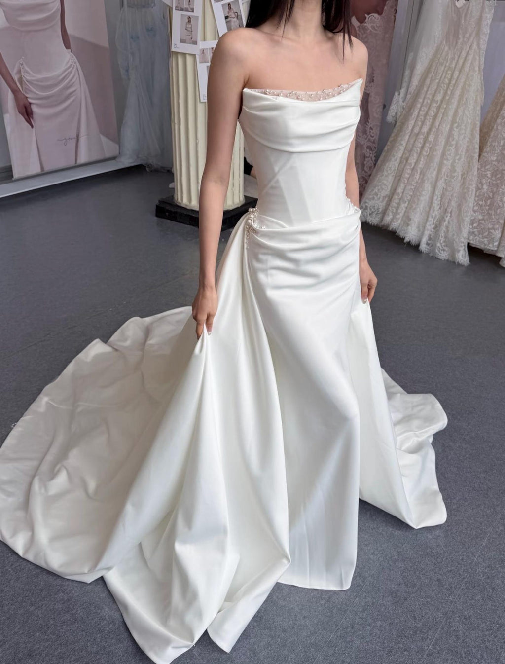 Strapless Draped Satin Mermaid Wedding Dress, Pearl Beaded Neckline, Detachable Satin Overskirt, Cathedral Train Custom Bridal Gown