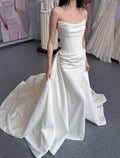 Strapless Draped Satin Mermaid Wedding Dress, Pearl Beaded Neckline, Detachable Satin Overskirt, Cathedral Train Custom Bridal Gown