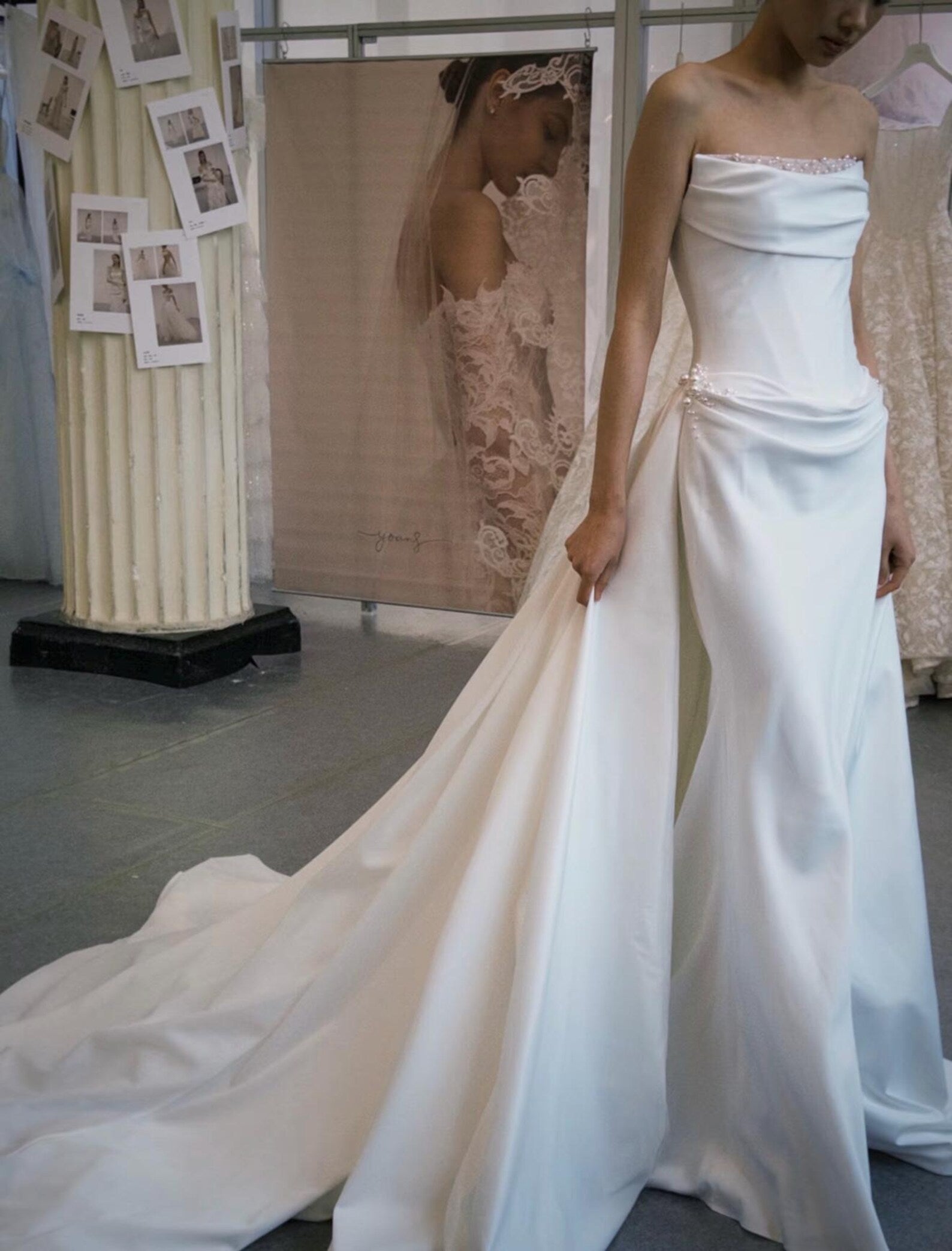 Strapless Draped Satin Mermaid Wedding Dress, Pearl Beaded Neckline, Detachable Satin Overskirt, Cathedral Train Custom Bridal Gown
