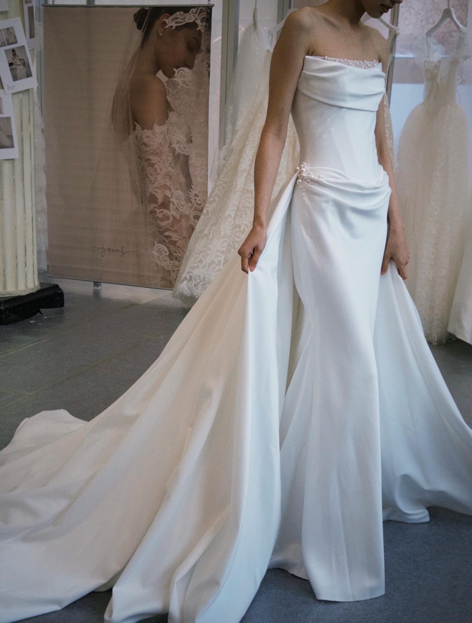 Strapless Draped Satin Mermaid Wedding Dress, Pearl Beaded Neckline, Detachable Satin Overskirt, Cathedral Train Custom Bridal Gown