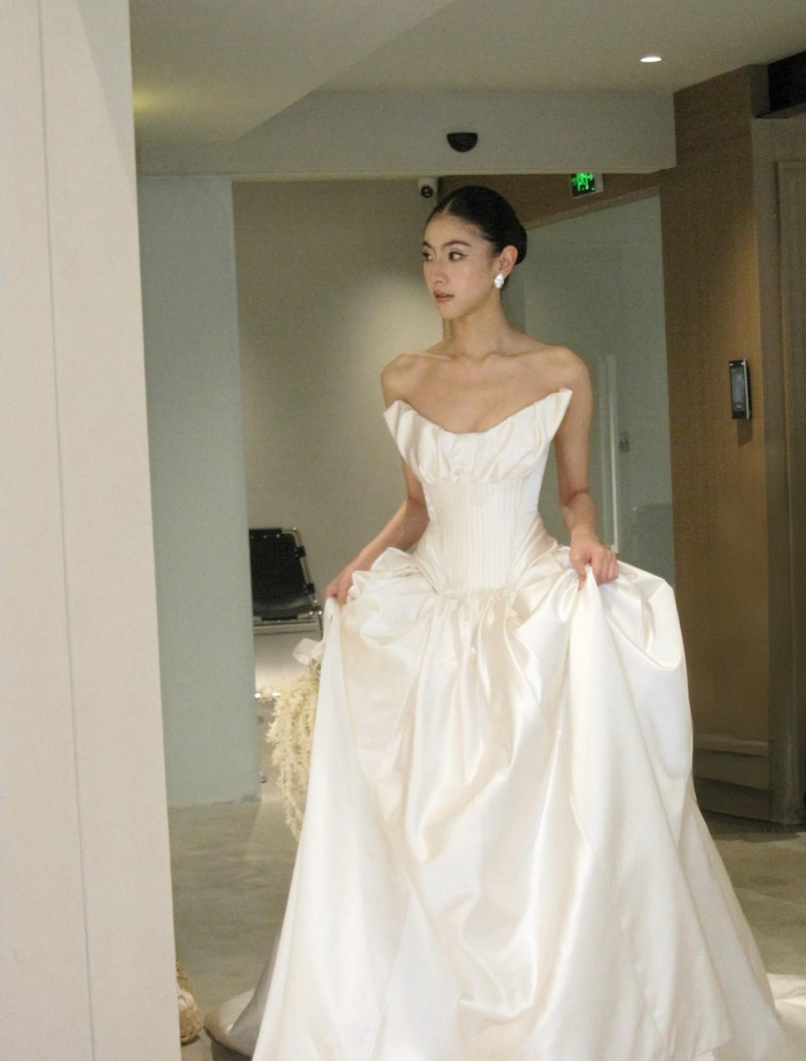 Strapless Ruffled Neck Satin Ball Gown Wedding Dress, Vertical Pleated Corset Bodice, Voluminous Skirt Cathedral Train Custom Bridal Gown