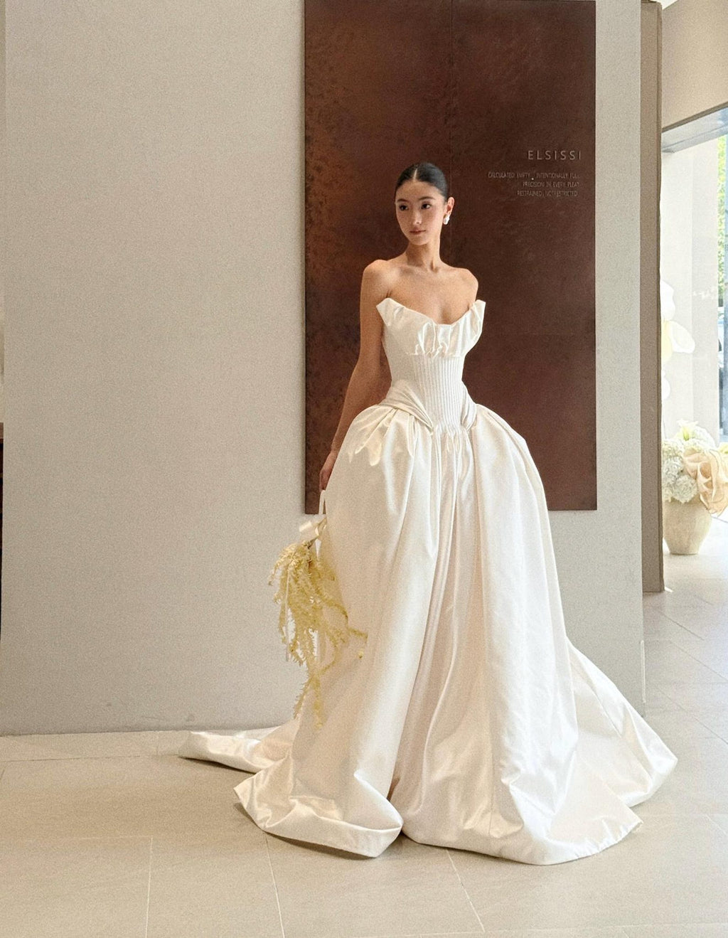 Strapless Ruffled Neck Satin Ball Gown Wedding Dress, Vertical Pleated Corset Bodice, Voluminous Skirt Cathedral Train Custom Bridal Gown